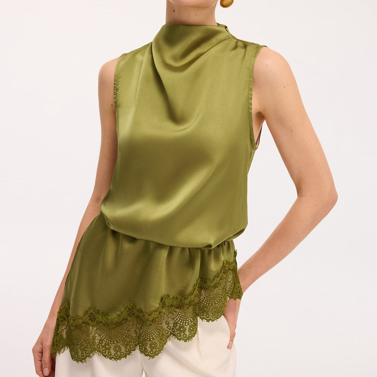 Cowl Neck Satin Top with Sleeveless Cut and Draping Neckline