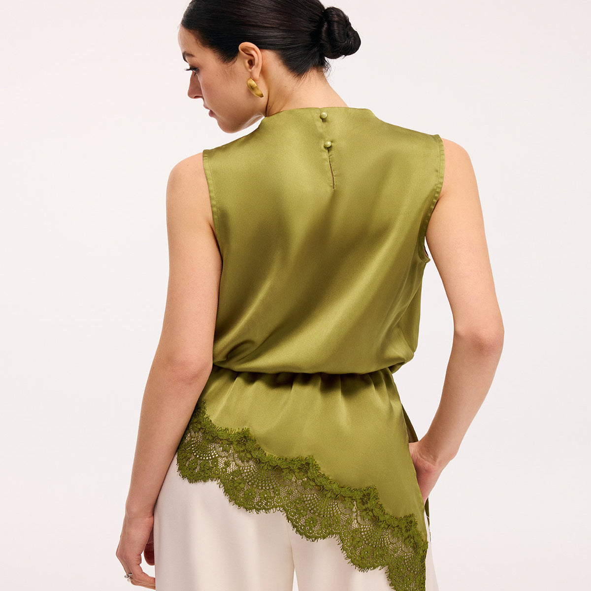 Cowl Neck Satin Top with Sleeveless Cut and Draping Neckline