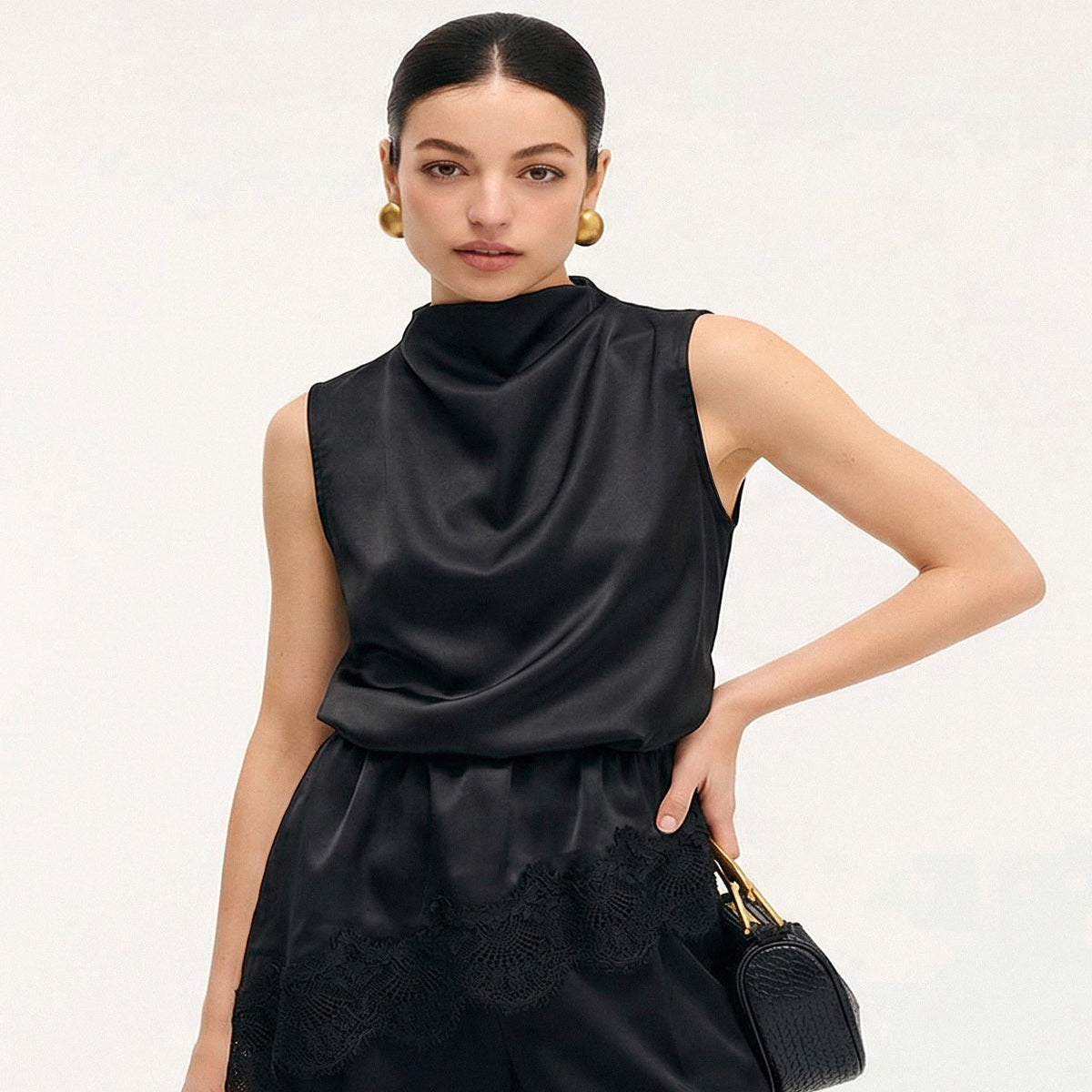 Cowl Neck Satin Top with Sleeveless Cut and Draping Neckline
