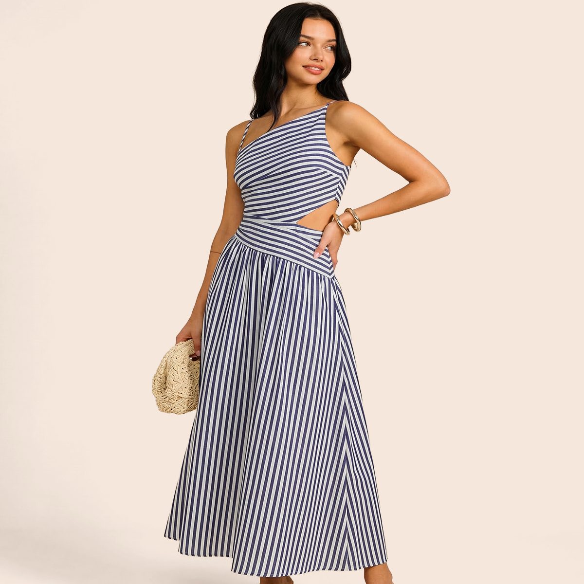 Asymmetrical Maxi Dress with Invisible Side Zipper and Cotton Blend Fabric