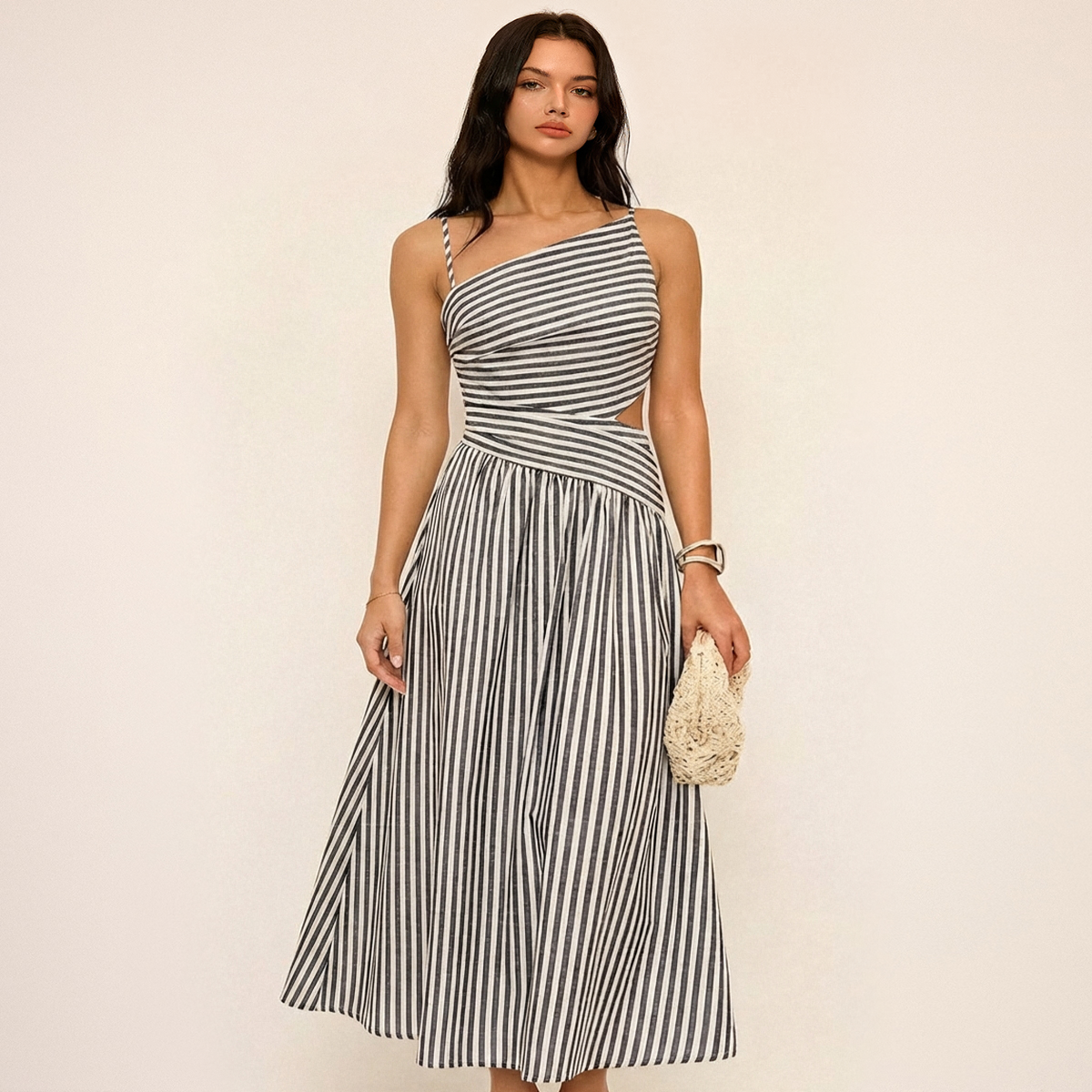 Asymmetrical Maxi Dress with Invisible Side Zipper and Cotton Blend Fabric