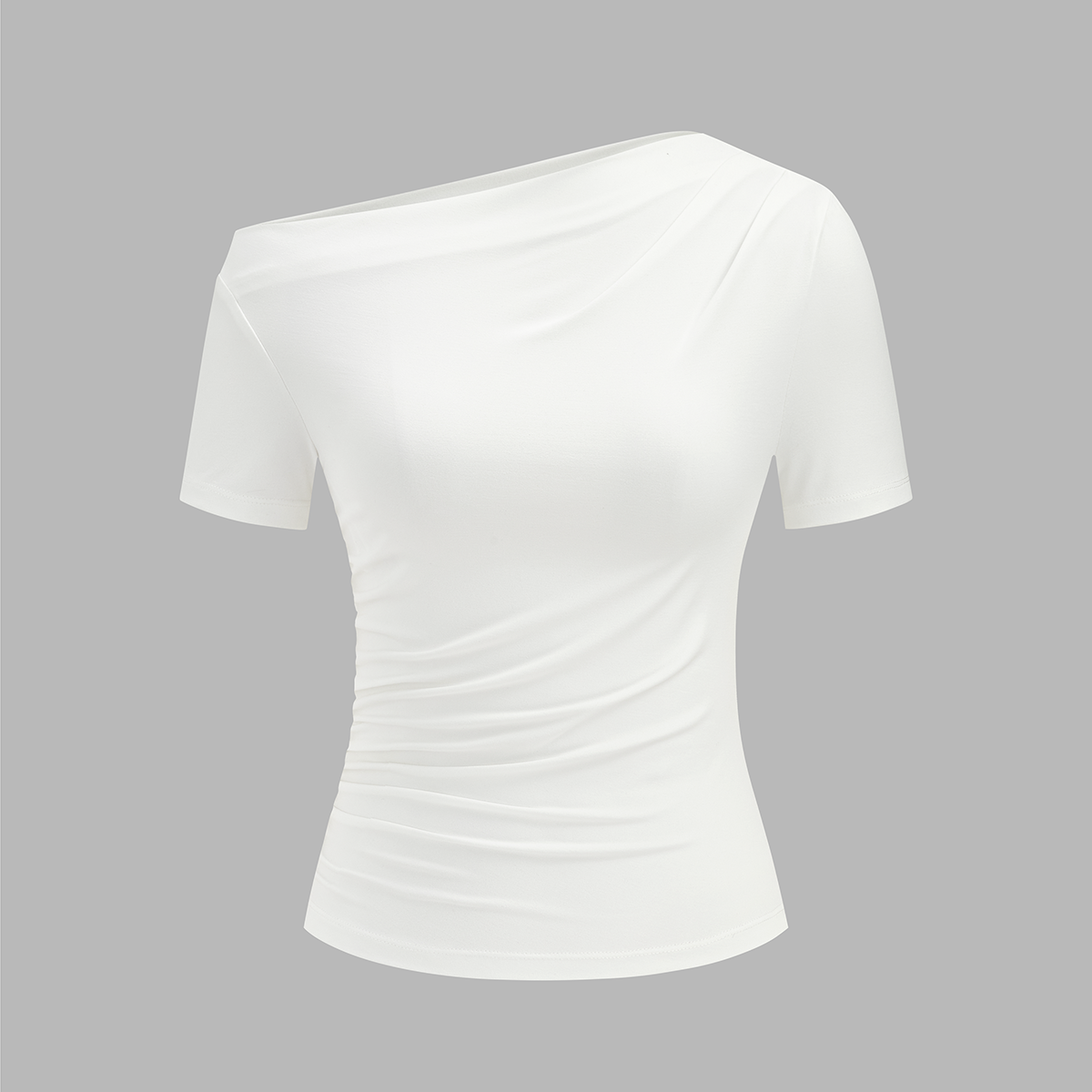 Asymmetrical Neck Short Sleeve Top with Slim Fit and Stretch Jersey