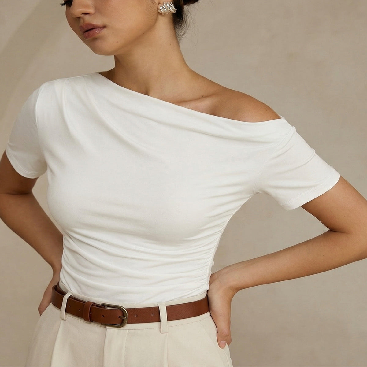 Asymmetrical Neck Short Sleeve Top with Slim Fit and Stretch Jersey
