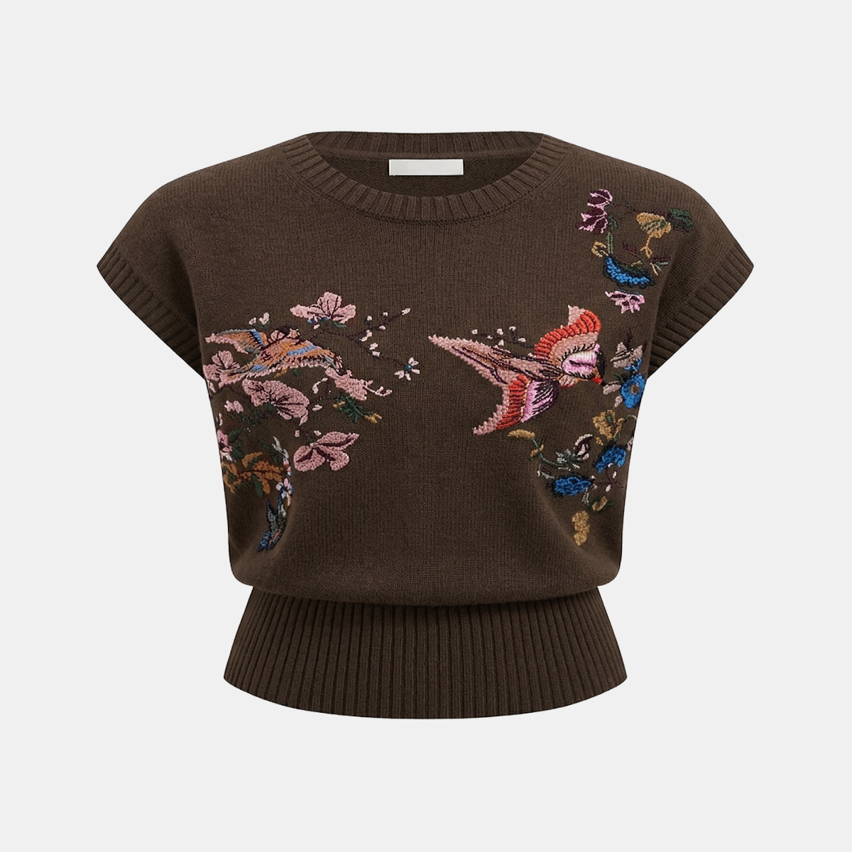 Women Floral Embroidered Knit Top with Sleeveless Crew Neck Design