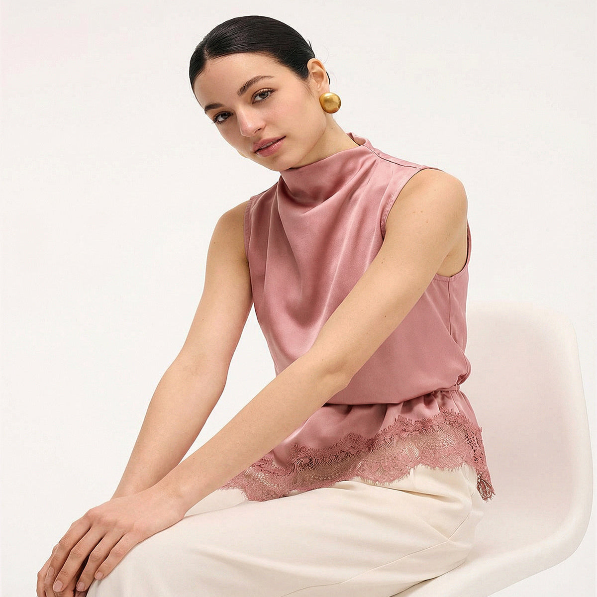 Cowl Neck Satin Top with Sleeveless Cut and Draping Neckline