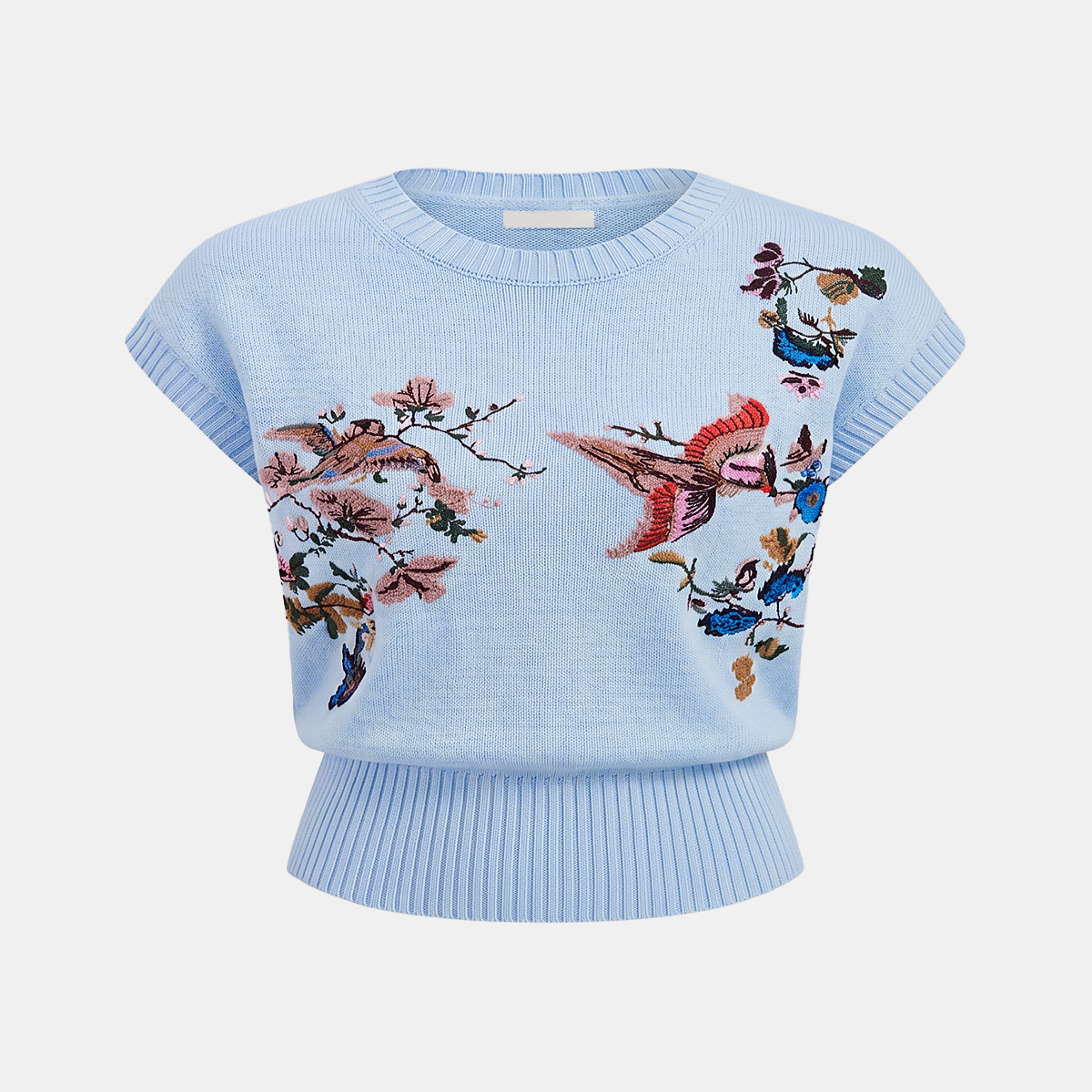 Women Floral Embroidered Knit Top with Sleeveless Crew Neck Design