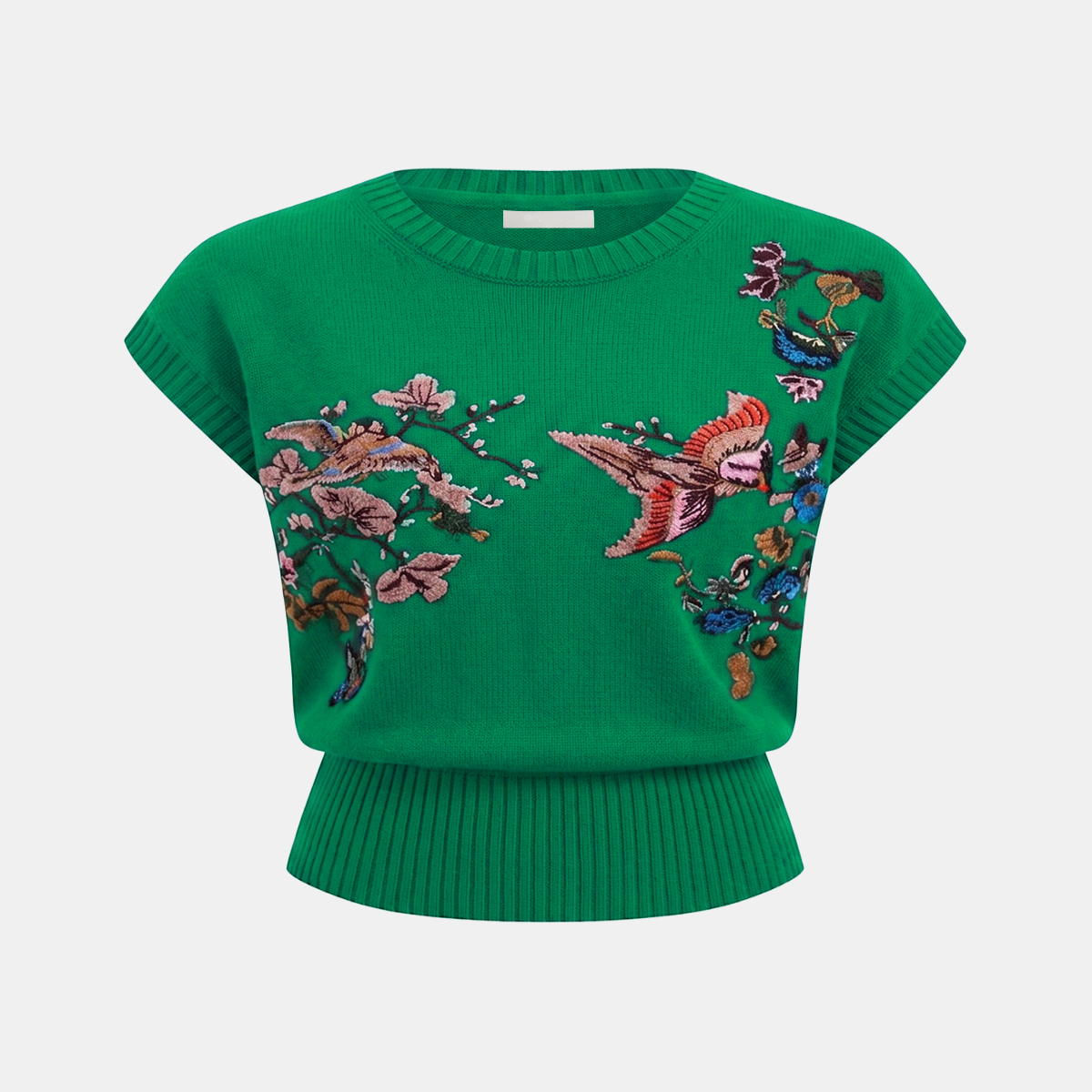 Women Floral Embroidered Knit Top with Sleeveless Crew Neck Design