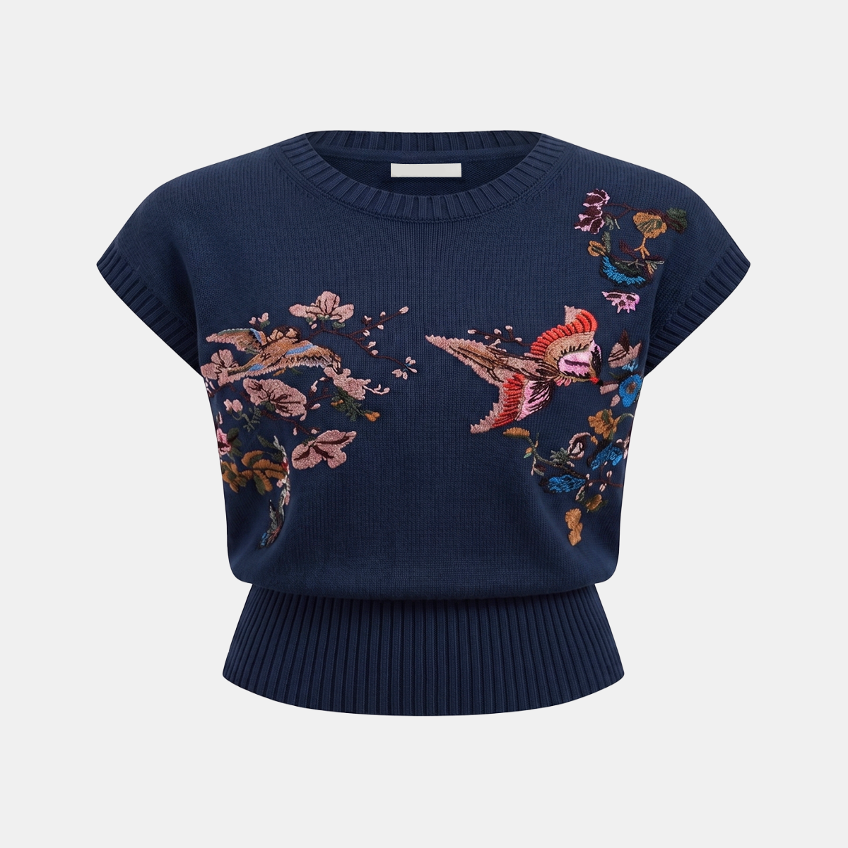 Women Floral Embroidered Knit Top with Sleeveless Crew Neck Design