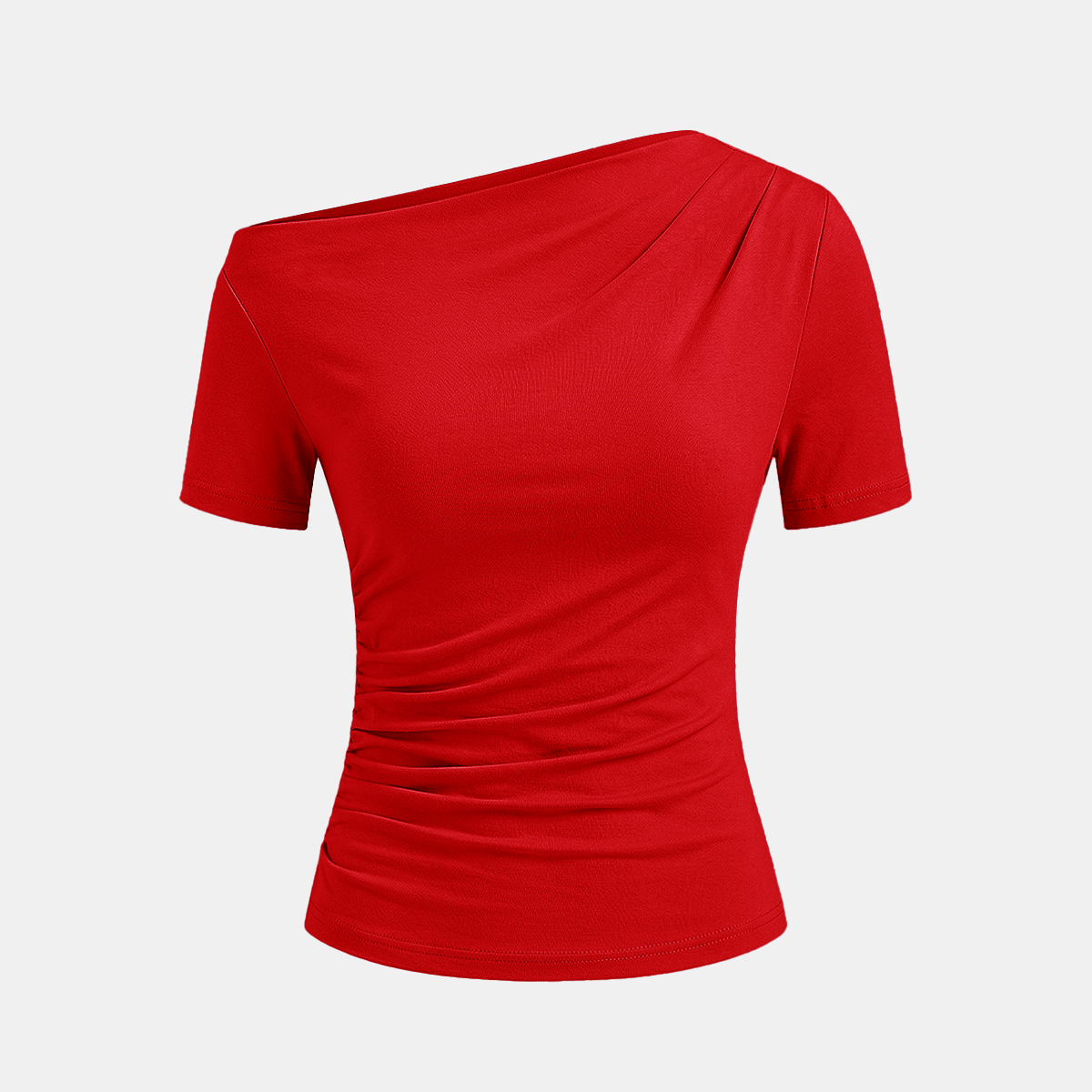 Asymmetrical Neck Short Sleeve Top with Slim Fit and Stretch Jersey