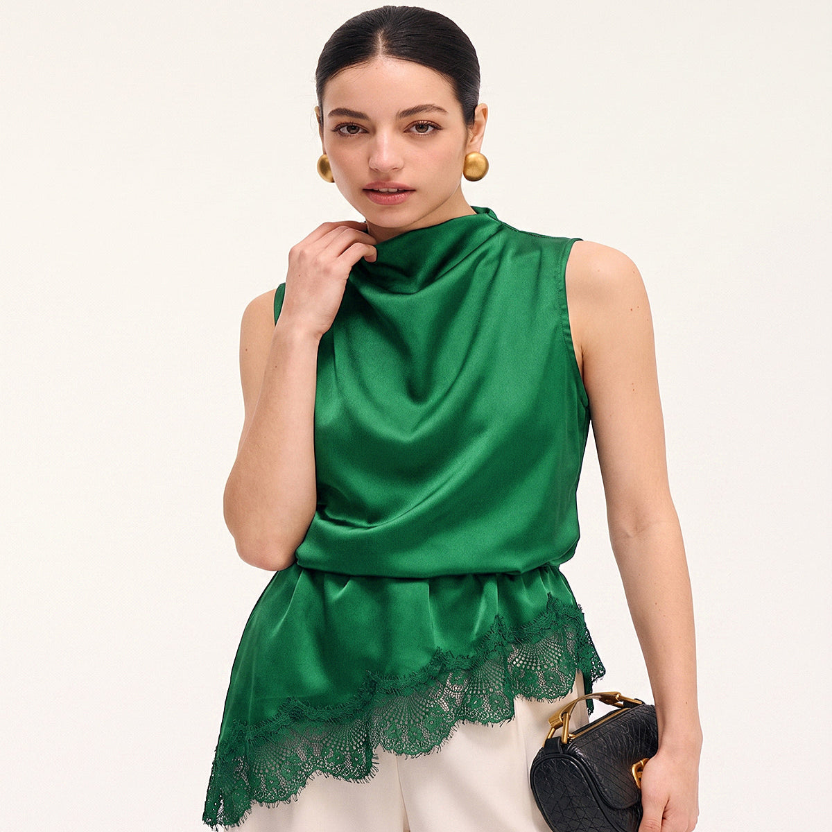 Cowl Neck Satin Top with Sleeveless Cut and Draping Neckline