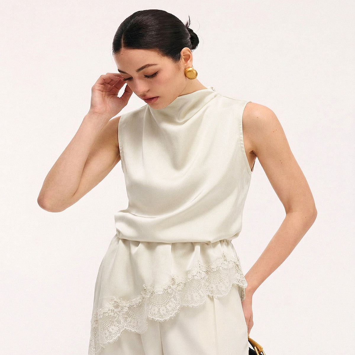 Cowl Neck Satin Top with Sleeveless Cut and Draping Neckline