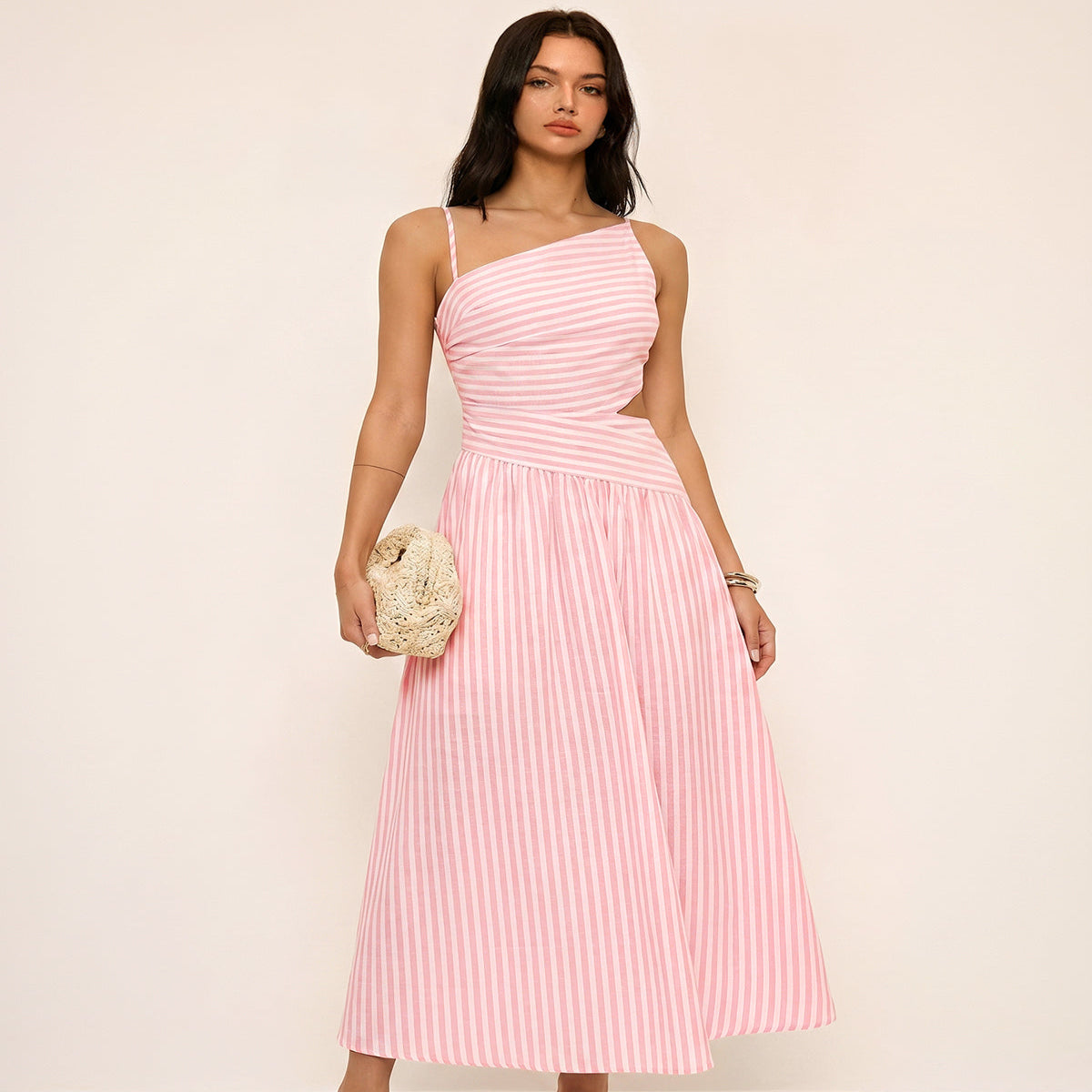 Asymmetrical Maxi Dress with Invisible Side Zipper and Cotton Blend Fabric