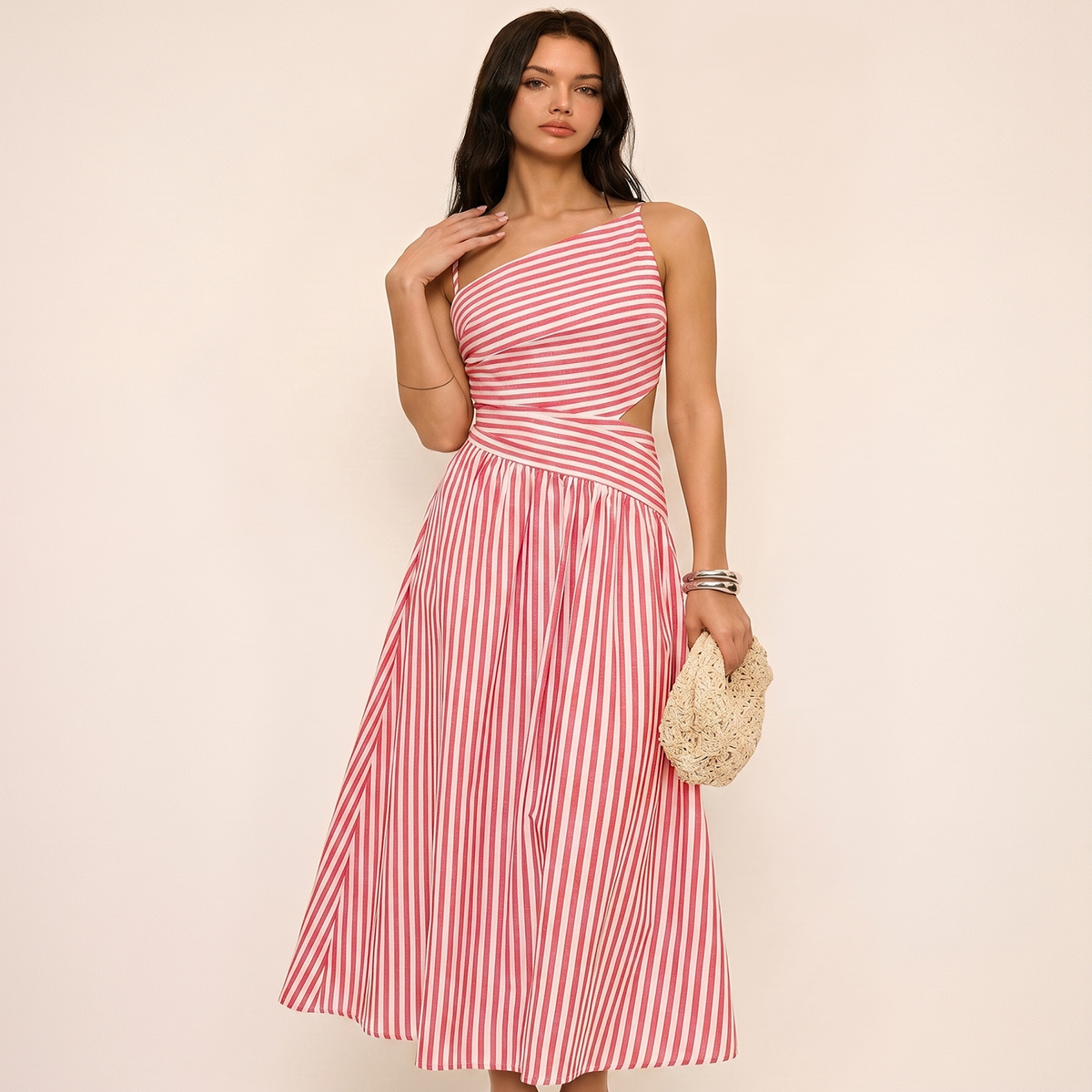 Asymmetrical Maxi Dress with Invisible Side Zipper and Cotton Blend Fabric