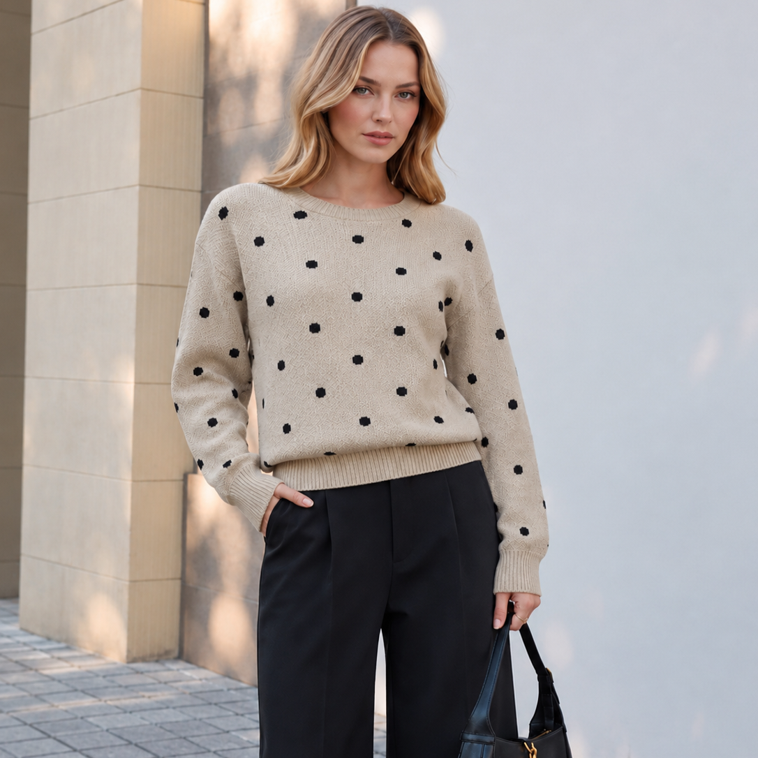 Long Sleeve Polka Dot Knit Sweater with High Stretch Fabric