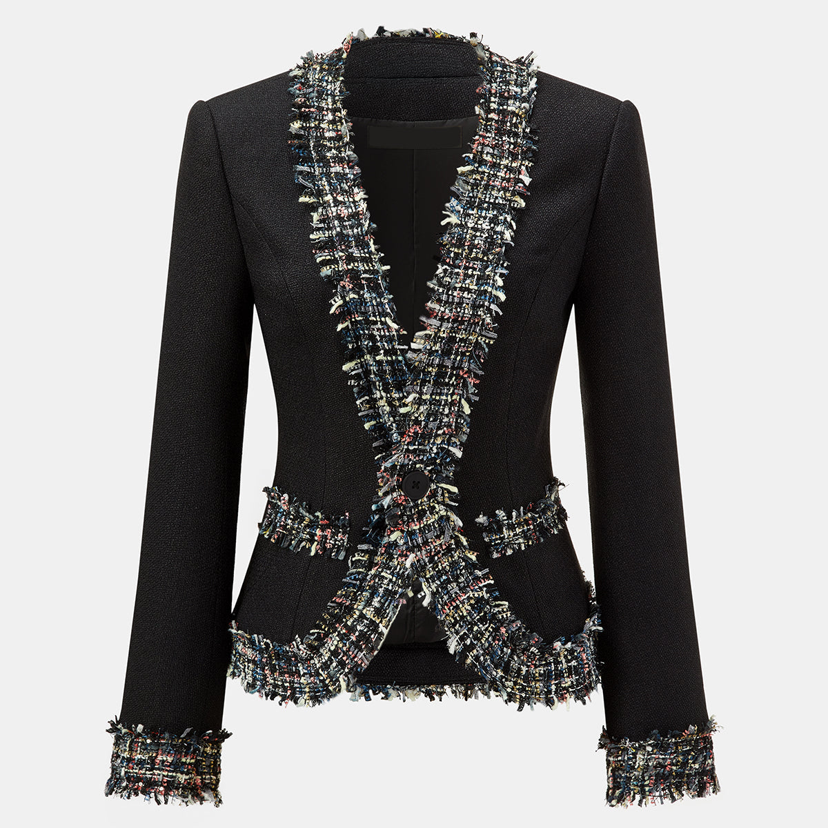 Tweed Blazer with Multicolor Fringe Trim and Slim Fit Tailoring