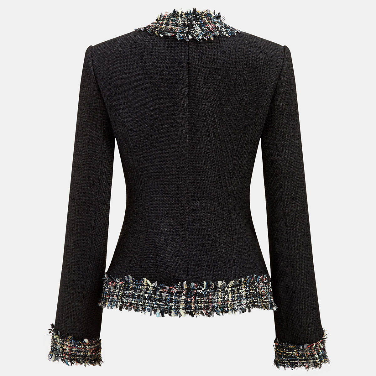 Tweed Blazer with Multicolor Fringe Trim and Slim Fit Tailoring