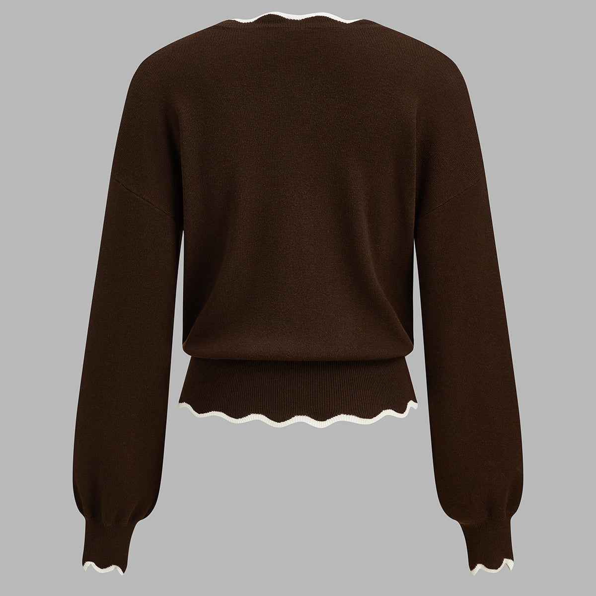 Wool Blend Knit Sweater with Scallop Trim and High Stretch Fabric