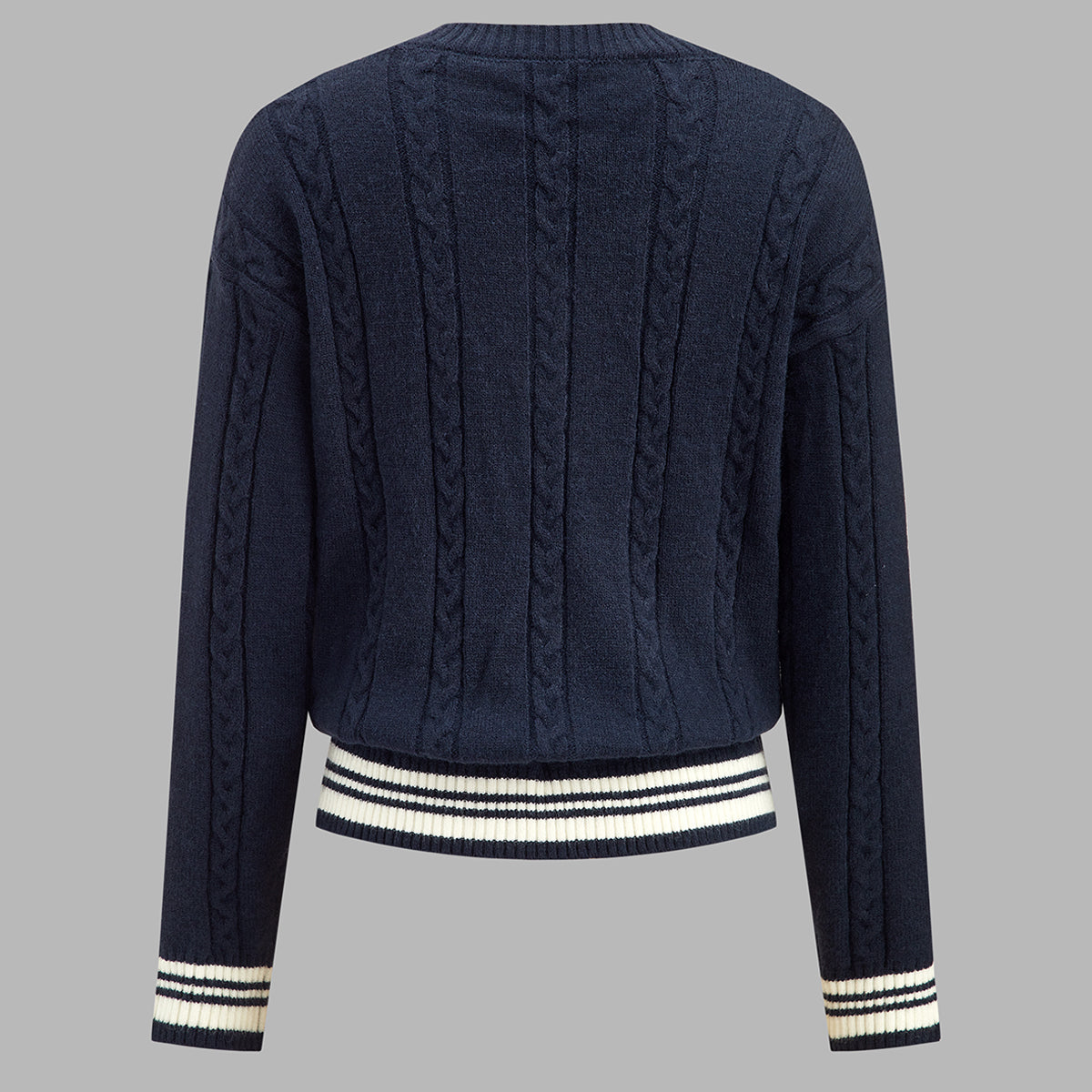 Acrylic Nylon Knit Sweater with V-Neck and Striped Trim, Medium Stretch