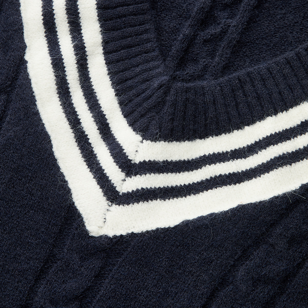Acrylic Nylon Knit Sweater with V-Neck and Striped Trim, Medium Stretch