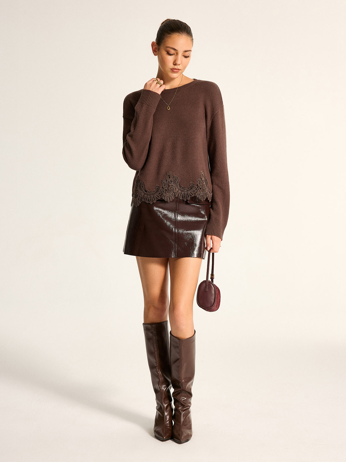 Long Sleeve Knit Sweater with Lace Hem and Acrylic Nylon Wool Blend