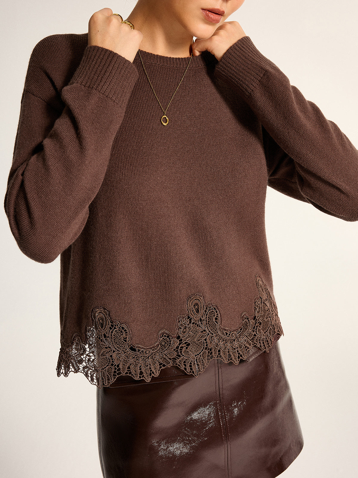 Long Sleeve Knit Sweater with Lace Hem and Acrylic Nylon Wool Blend