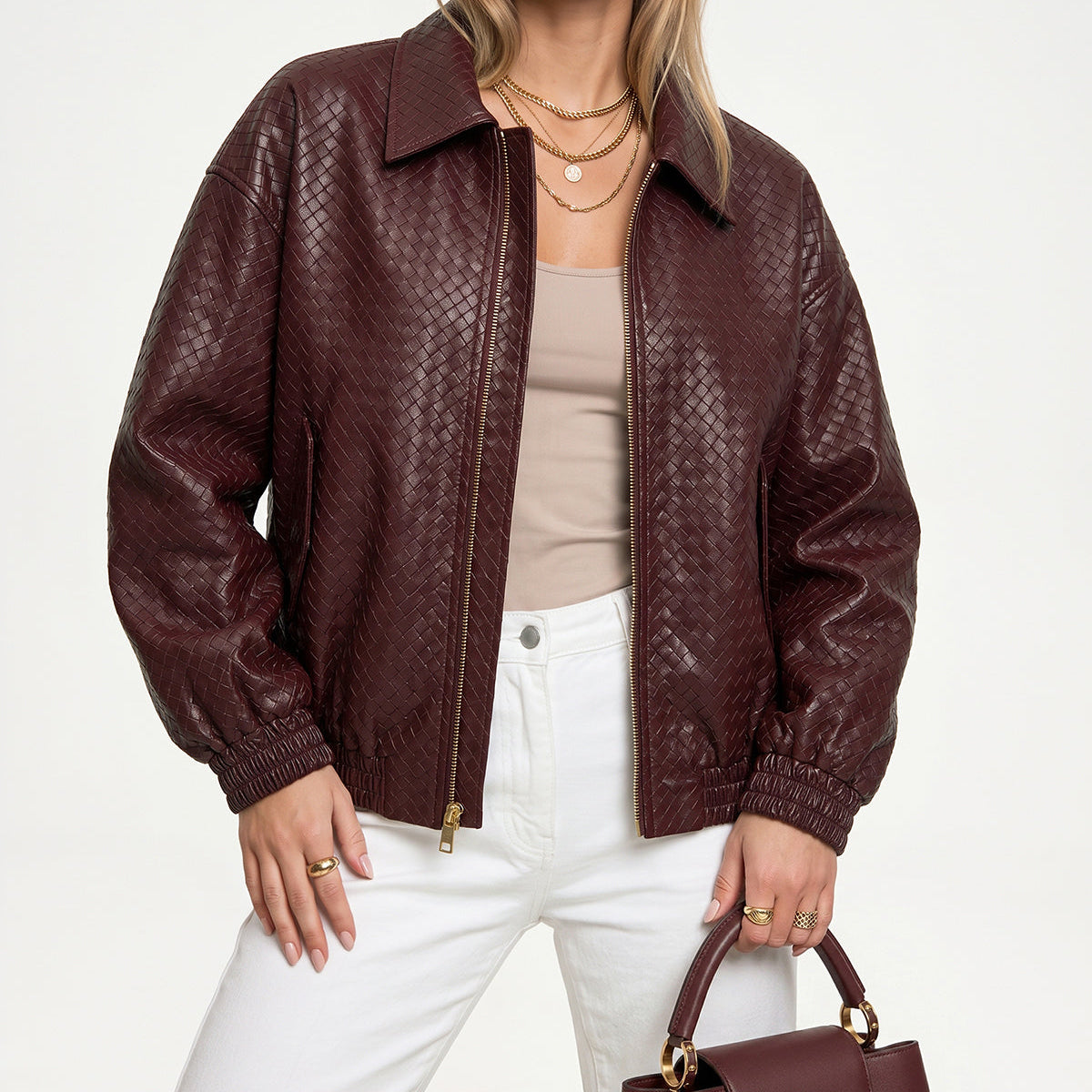Faux Leather Bomber Jacket with Elastic Waistband and Interior Lining