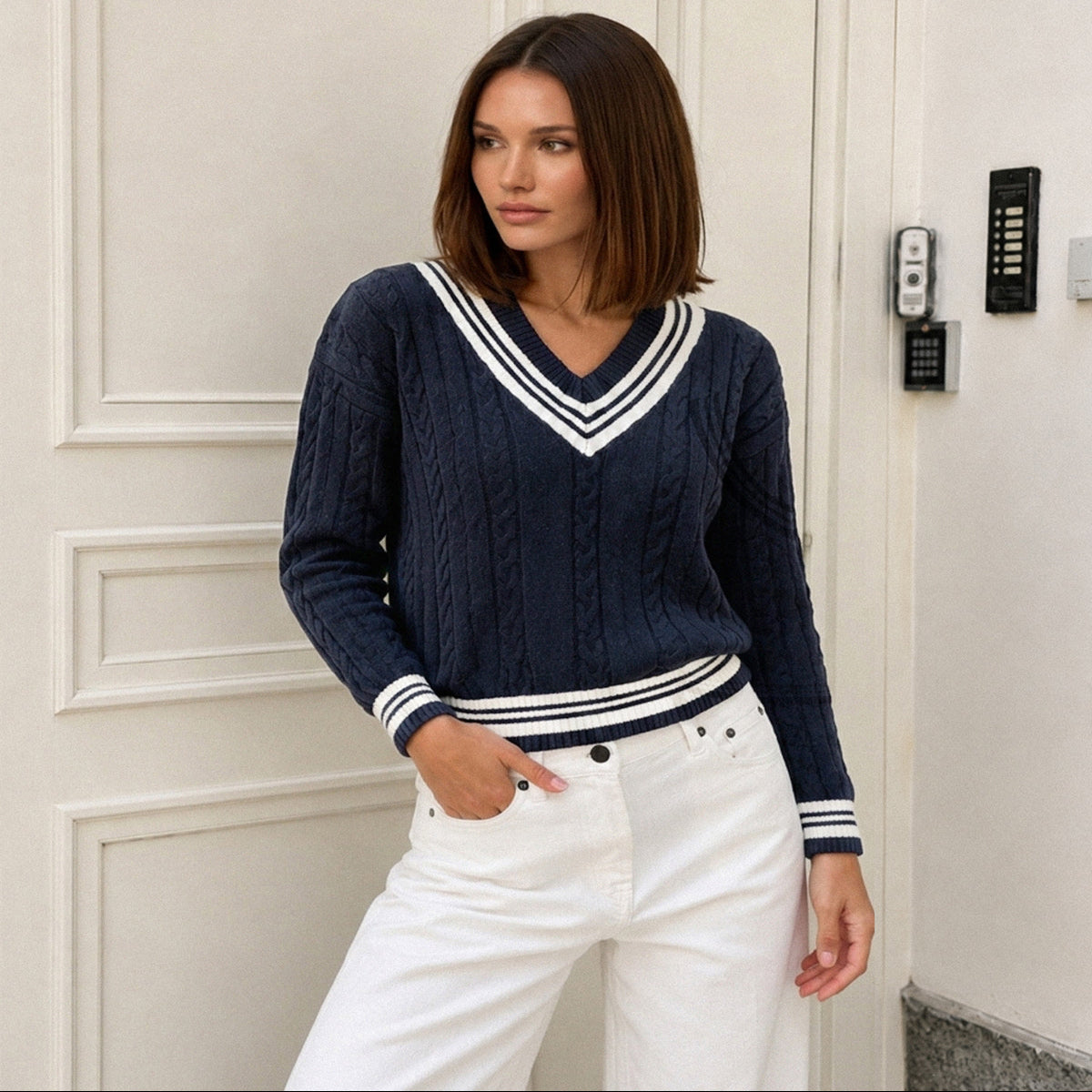 Acrylic Nylon Knit Sweater with V-Neck and Striped Trim, Medium Stretch