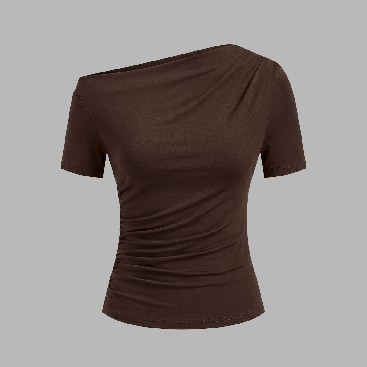 Asymmetrical Neck Short Sleeve Top with Slim Fit and Stretch Jersey