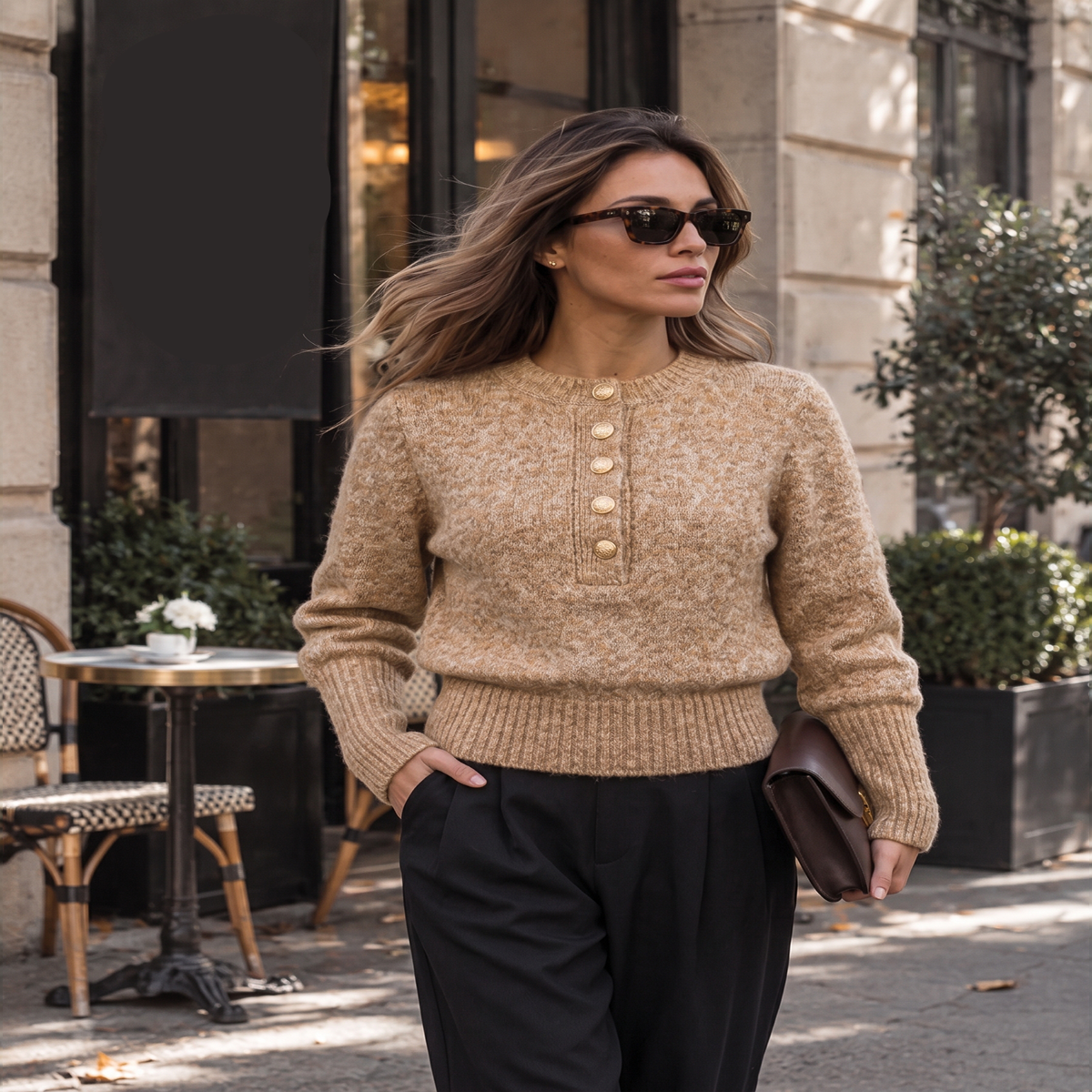Wool Blend Knit Sweater with Henley Neckline and Medium Stretch