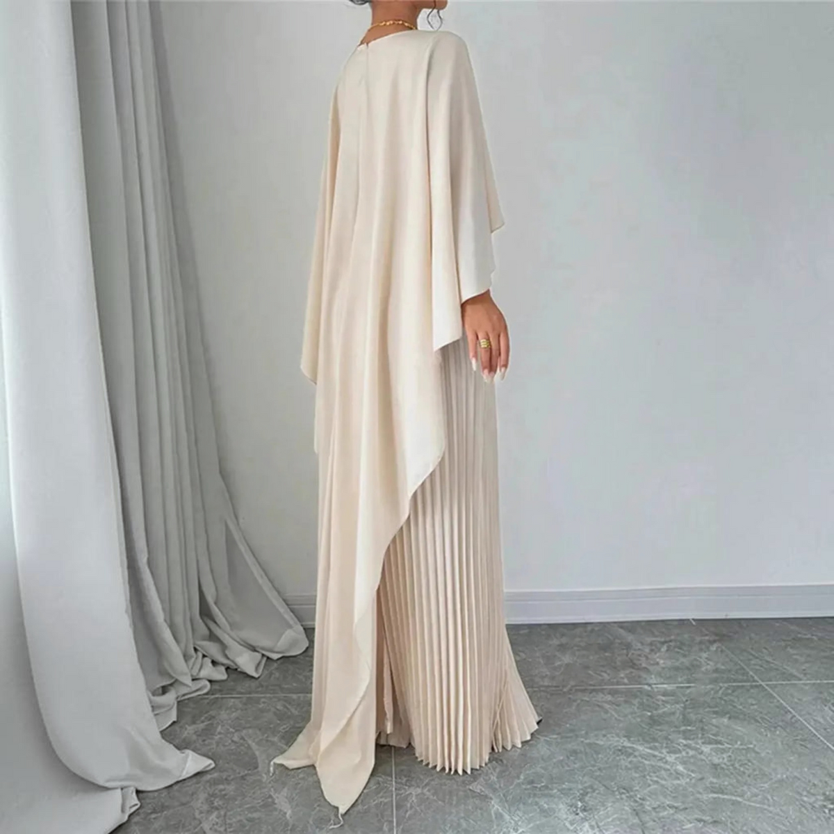 Pleated Maxi Dress with Cape Overlay and Tailored Bodice, Floor-Length