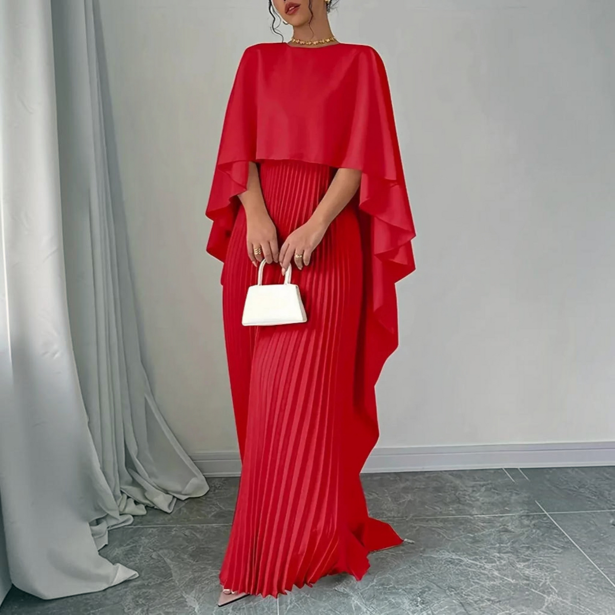 Pleated Maxi Dress with Cape Overlay and Tailored Bodice, Floor-Length