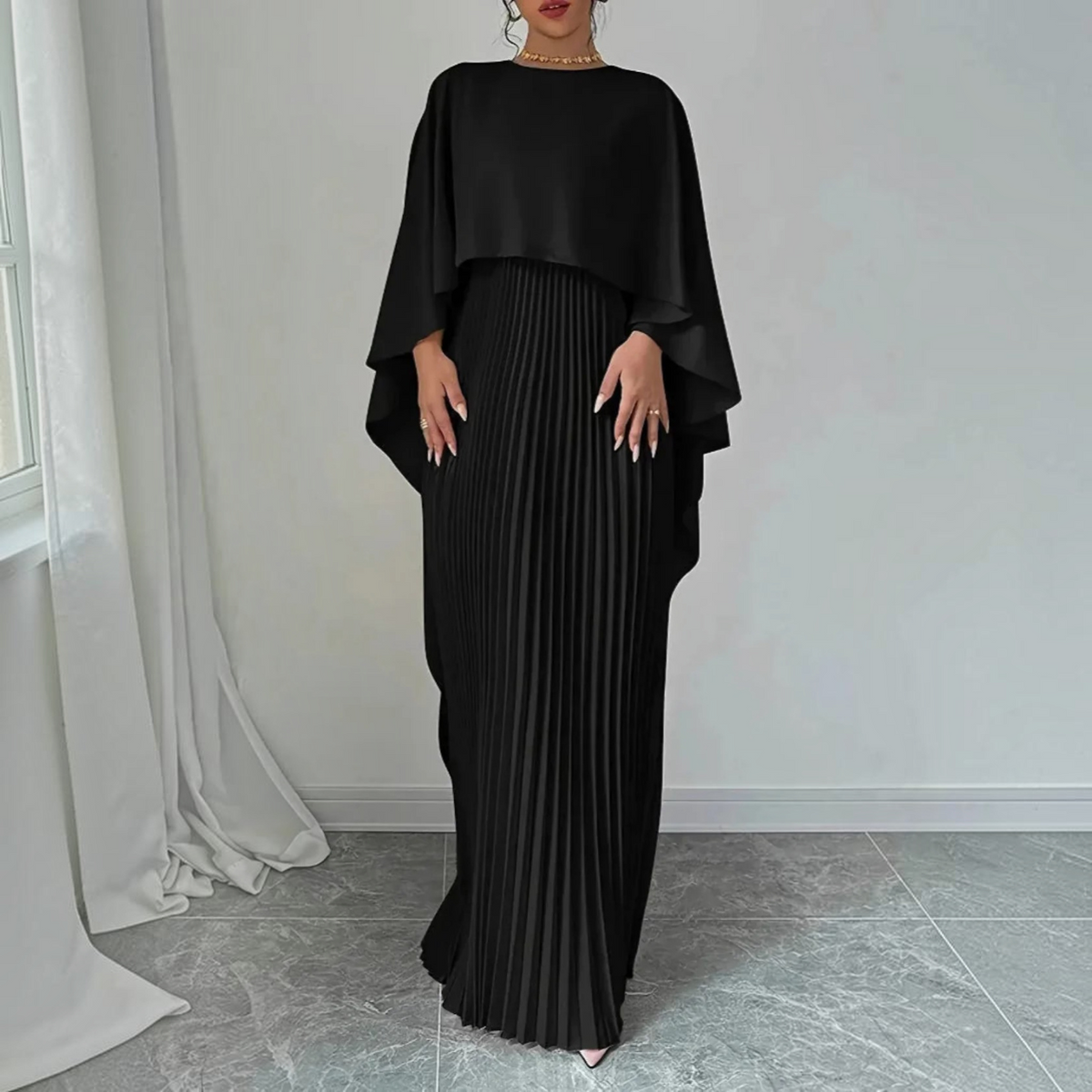 Pleated Maxi Dress with Cape Overlay and Tailored Bodice, Floor-Length