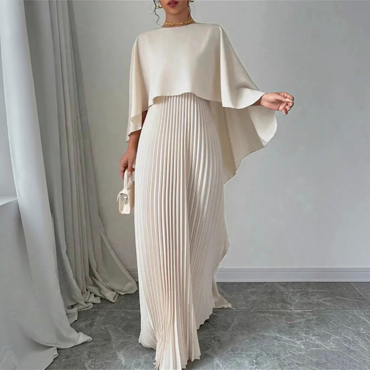 Pleated Maxi Dress with Cape Overlay and Tailored Bodice, Floor-Length