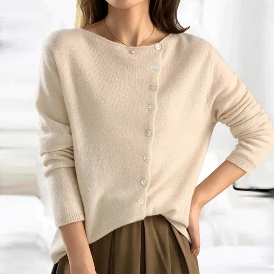 Womens Stretch Knit Sweater with Asymmetric Buttons and Lightweight Fabric