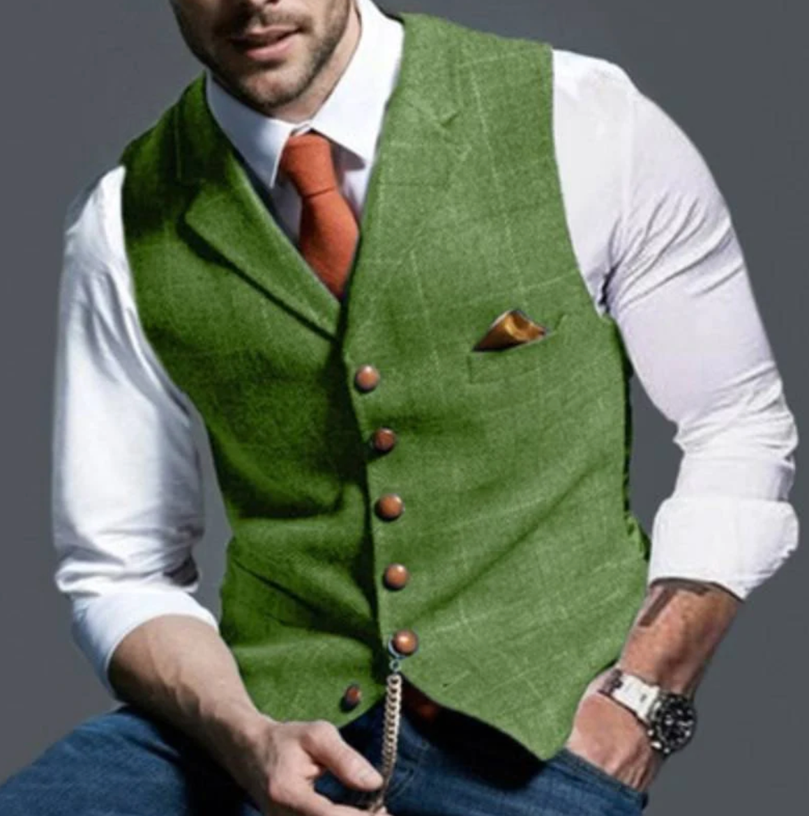 Mens V-Neck Vest with Adjustable Back Strap and Button Front, Woven Blend
