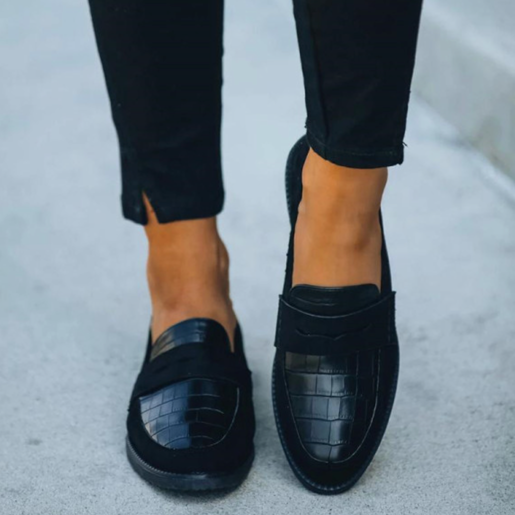 Crocodile Embossed Loafers with Cushioned Insole and Slip-On Fit for Women, Low Heel