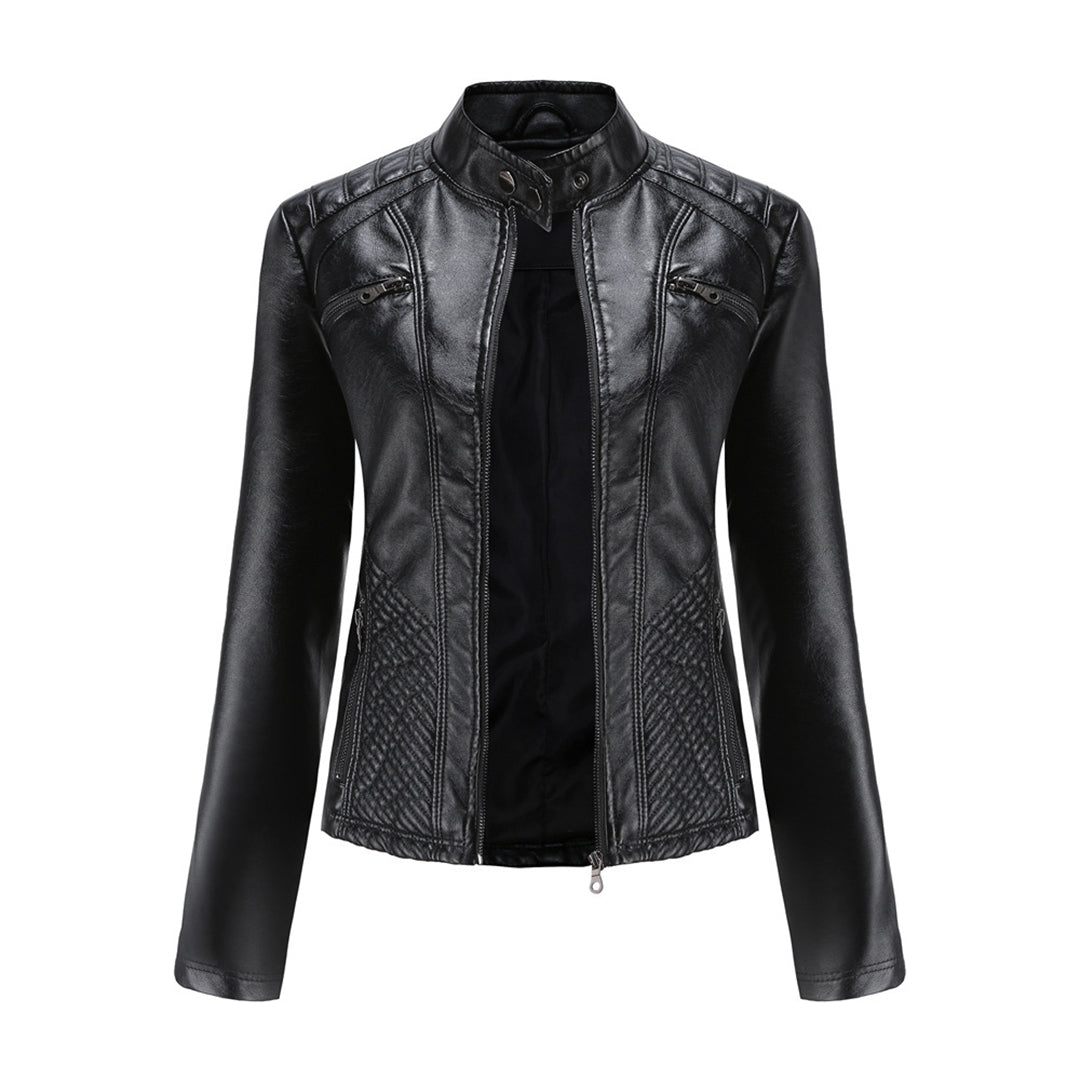 Womens Faux Leather Biker Jacket with Quilted Shoulders and Tailored Fit, Zip Pockets
