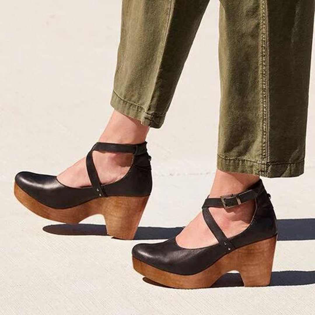 Wedge Heels with Adjustable Ankle Strap and Closed Toe, Cushioned Insole