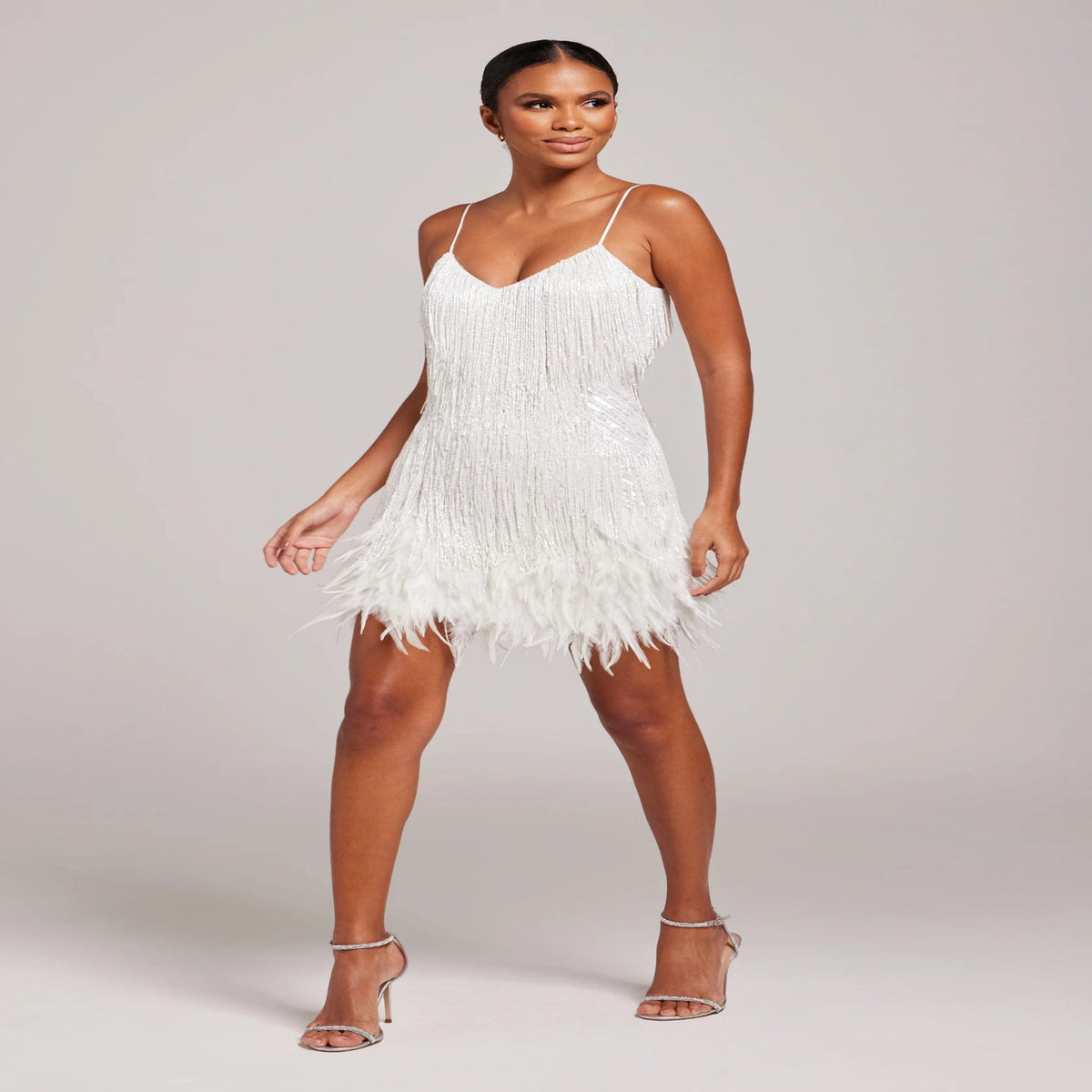 Cocktail Dress with Feather Fringe and Tailored Silhouette - Above Knee Length