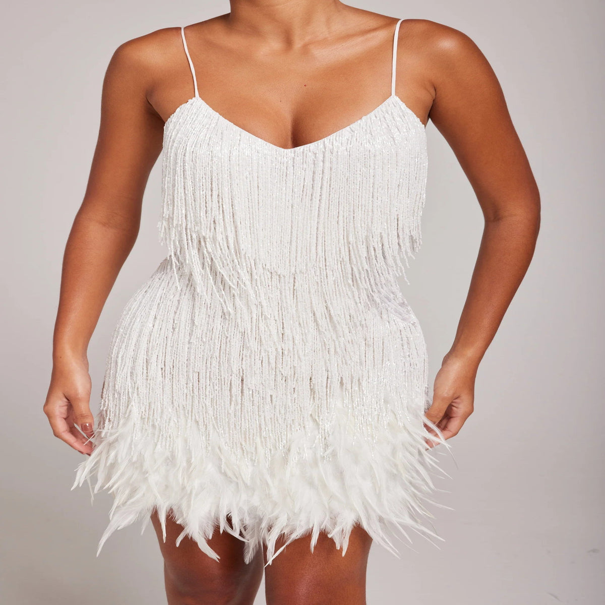 Cocktail Dress with Feather Fringe and Tailored Silhouette - Above Knee Length