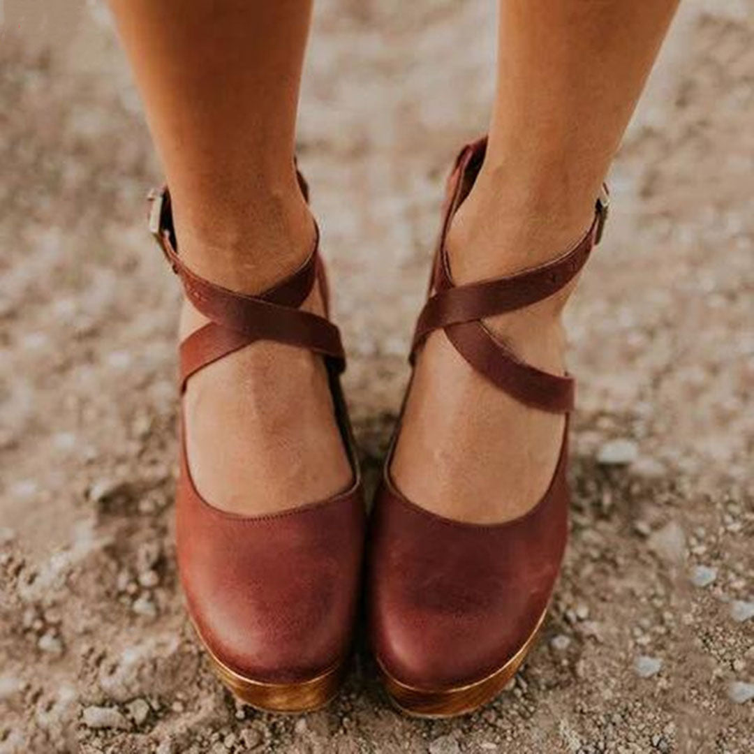 Wedge Heels with Adjustable Ankle Strap and Closed Toe, Cushioned Insole