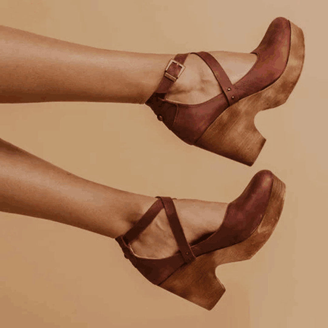 Wedge Heels with Adjustable Ankle Strap and Closed Toe, Cushioned Insole