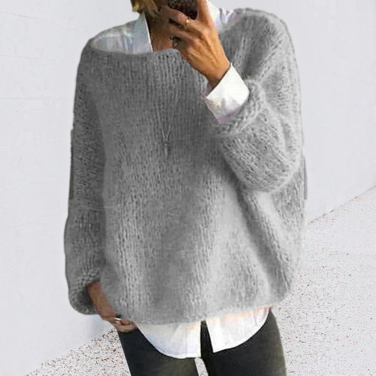 Long Sleeve Knit Sweater for Women with Soft Fuzzy Texture and Relaxed Fit, Ribbed Hem