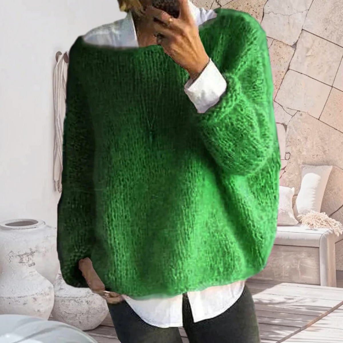 Long Sleeve Knit Sweater for Women with Soft Fuzzy Texture and Relaxed Fit, Ribbed Hem