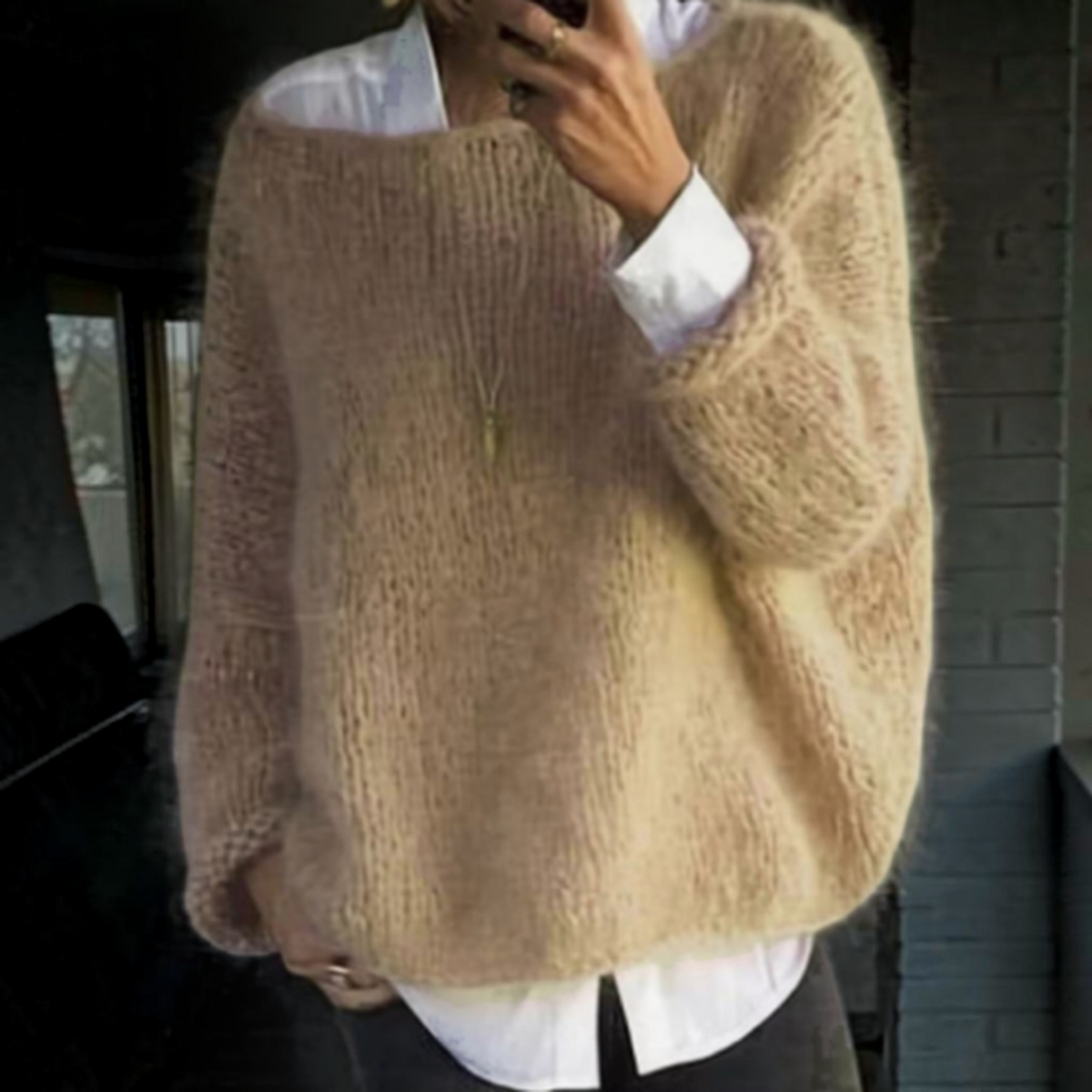 Long Sleeve Knit Sweater for Women with Soft Fuzzy Texture and Relaxed Fit, Ribbed Hem