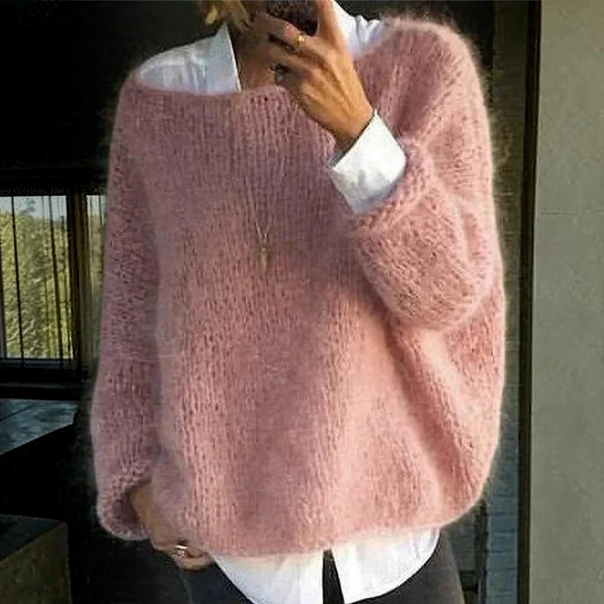 Long Sleeve Knit Sweater for Women with Soft Fuzzy Texture and Relaxed Fit, Ribbed Hem