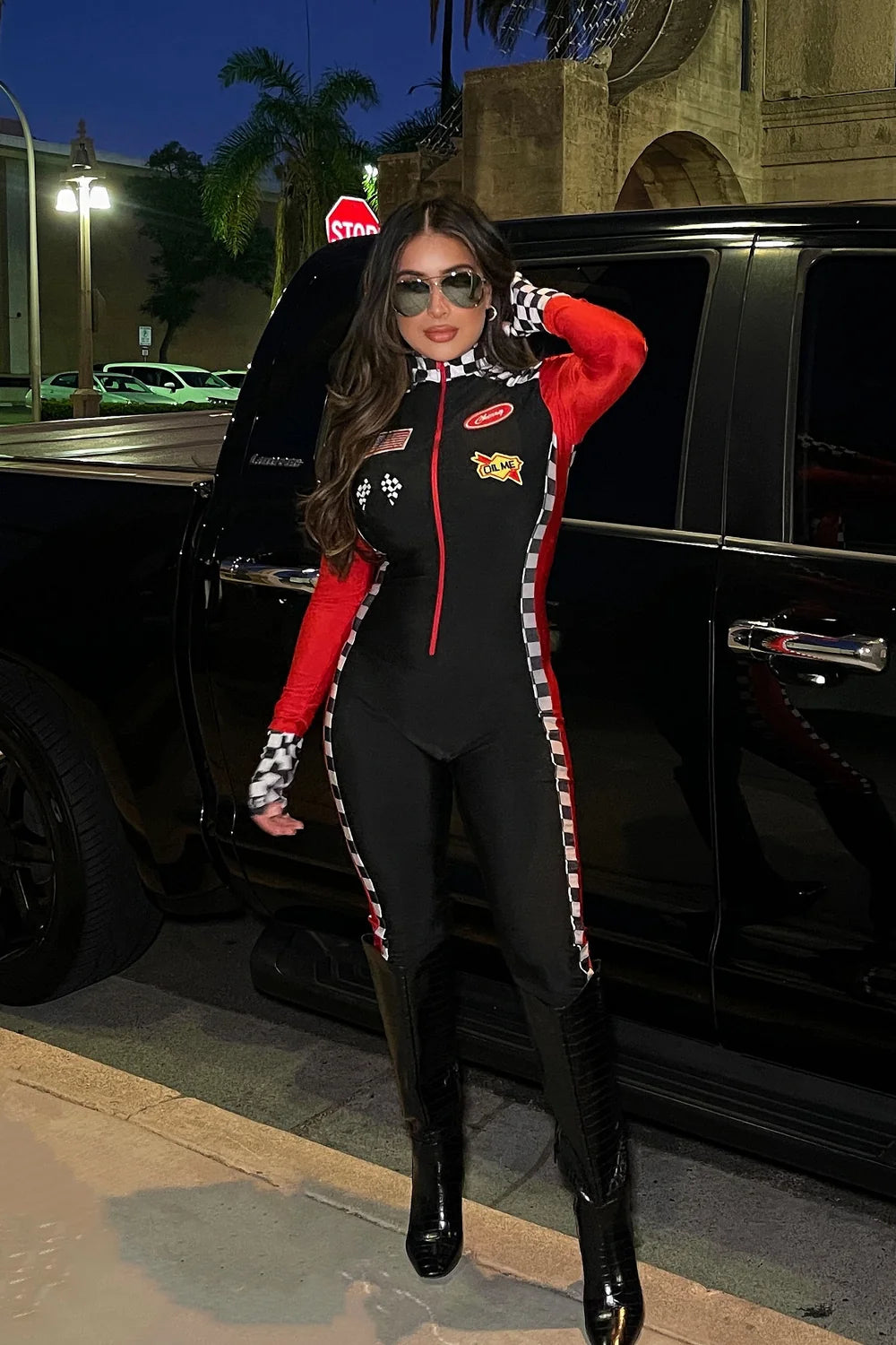 Racing Costume Three Piece Set with Stretch Knit Fabric and Checkered Flag Design