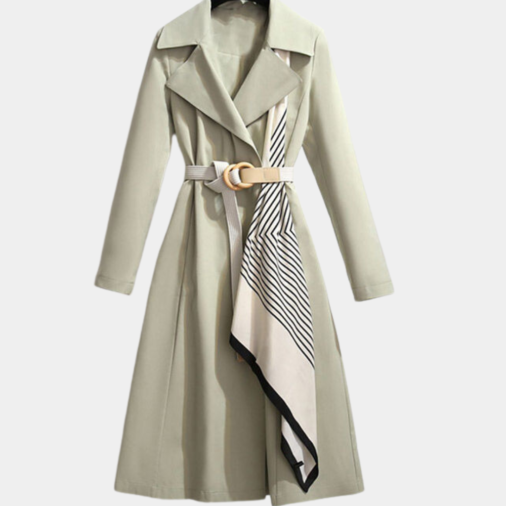 Double Breasted Belted Coat for Women with Integrated Scarf and Tailored Fit