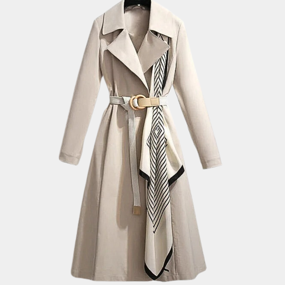Double Breasted Belted Coat for Women with Integrated Scarf and Tailored Fit