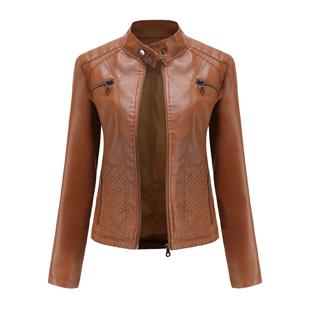 Womens Faux Leather Biker Jacket with Quilted Shoulders and Tailored Fit, Zip Pockets